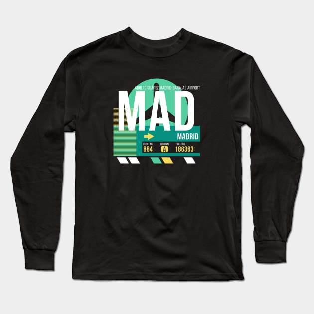 Madrid (MAD) Airport // Retro Sunset Baggage Tag Long Sleeve T-Shirt by Now Boarding